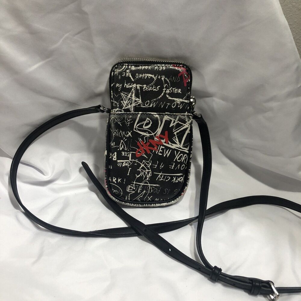 DKNY Graffiti Crossbody Small Pockets 7.5” x 4.5”  Faux Leather New York…